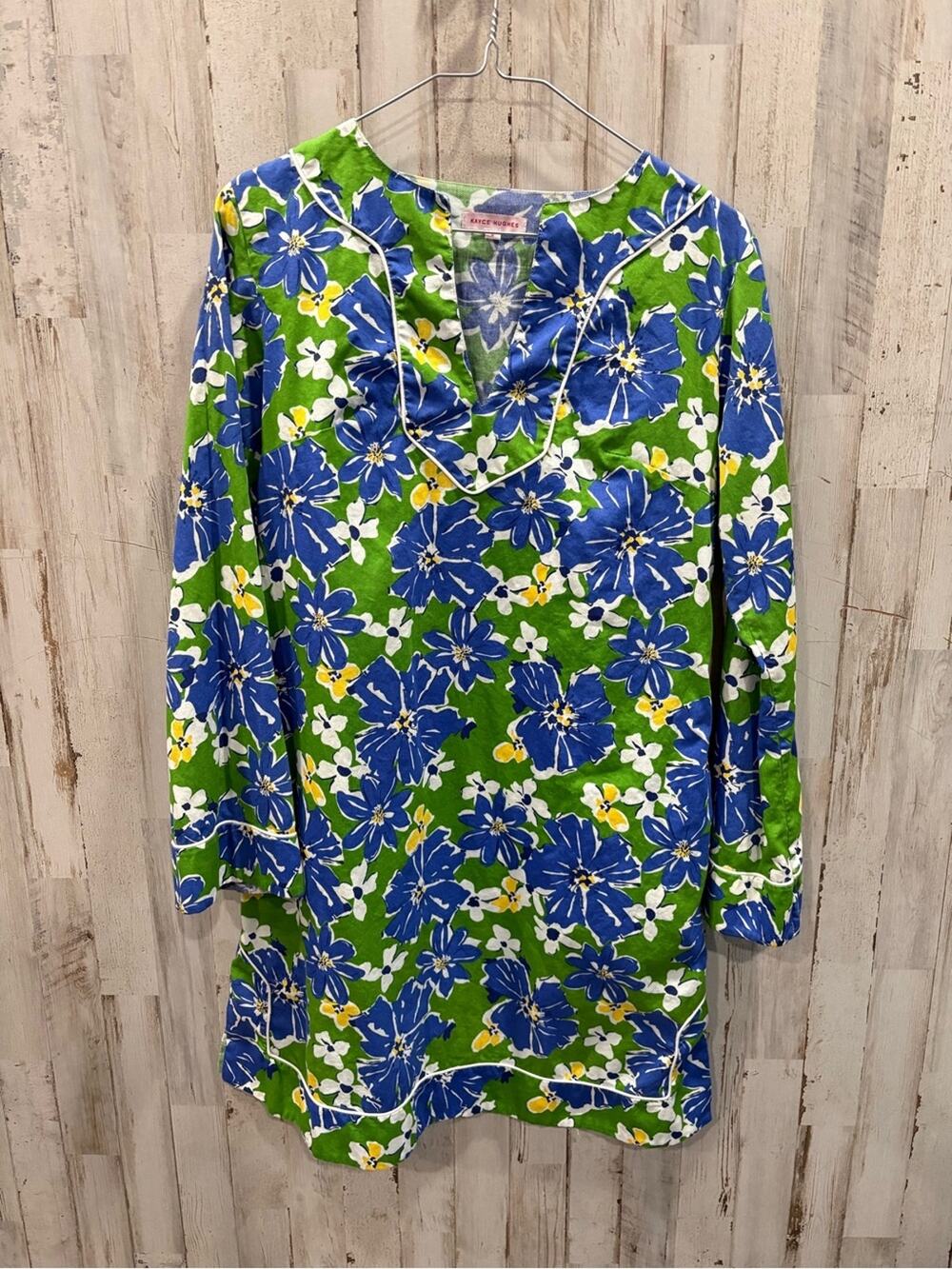 Kayce Hughes Blue Green Floral Mini Dress Size 2 Boho Preppy 60s Retro